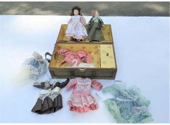 2 Dolls In Small Trunk Suitcase With Clothes