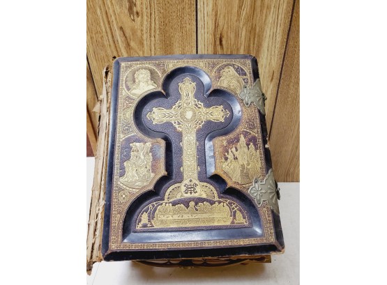 Leather & Gilt Antique Holy Bible And Ornate Brass Book Stand