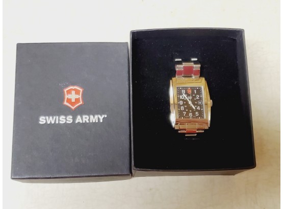 Swiss Army Officer's Rectangle Black Face Stainless Steel Watch In Original Box