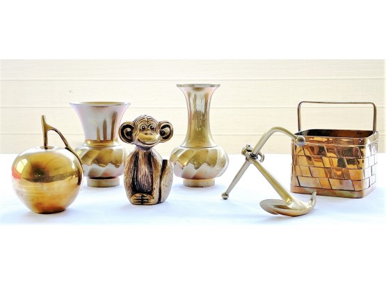 Vintage Mottahedeh Brass Apple And Basket- Brass Monkey Vases And Anchor Not Marked