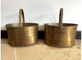 Vintage Pair Mottahedeh India- Brass Basket Weave Handled Baskets