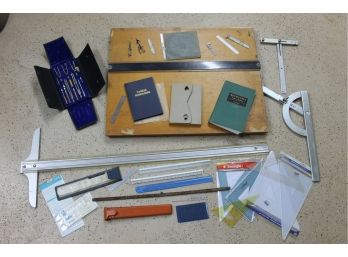 Vintage Drafting Lot With T Square, Drafting Table, Slide Rule, New & Vintage Rulers, Triangles & More