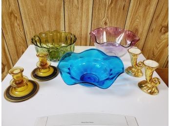 Vintage Colorful Decorative Glass & Ceramic Candle Sticks, Bowls
