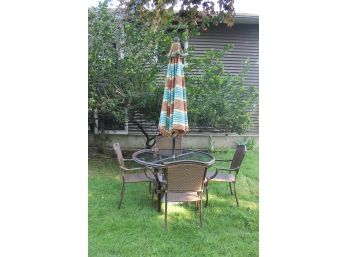 Faux Wicker Outdoor Table And Four Chairs With Umbrella And Stand