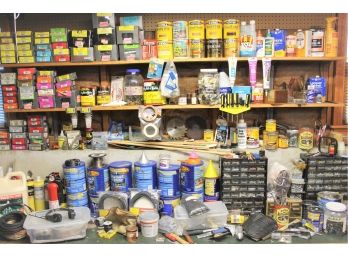 Workbench Full Of Nuts, Bolts, Nails, Screws, Stains, Tools, Electrical & Speaker Wire & So Much More