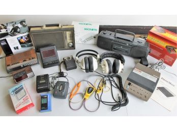 Vintage Electronics Lot With Boom Box, Alarm Clocks, Headphones, Sony Walkman's, Battery Charger & More
