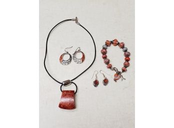 Ladies Silpada Stone Necklace, Glass Beaded Breast Cancer Awareness Bracelet And Sterling Earrings