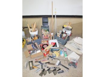 Huge Lot Of Painting And Painting Related With Rollers, Brushes, Grouting, Tarps, Sanding & More