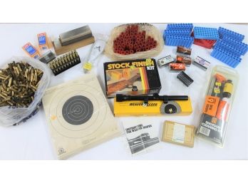 Firearms Related Lot With Cleaning Kits, Empty Shells, Weaver Scope, Knife Sharpening Stone, Targets & More