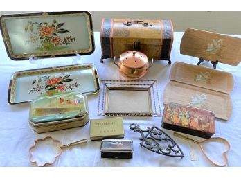 Vintage Lot With Emson Opera Glasses- Serving Trays From Daher & Coronet- Cast Iron Trivet- Tins & More