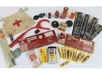 Firearms Related Items W/cleaning Kits, Compass, BBs, Pellets, Small Scope, New Gunslick Cleaning Brushes, Etc
