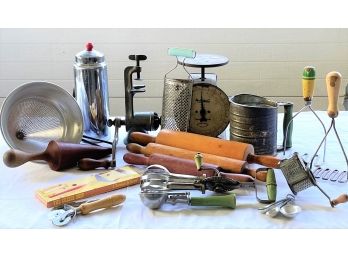Vintage Kitchen Lot- Blue Whirl Beater- Auto Wate Scale- Bromwell's Measuring Sifter- Inox- Universal & More