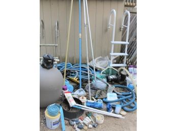 Large Lot Of Pool Supplies Including Haywood Sand Filter, Pump, Ladders, Chlorine, Hoses, Skimmers & More