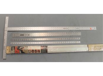 Hyde T Square, Three Metal Rulers And Strate Cut Metal Cutting Guide
