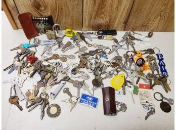 Big Vintage Assortment Of Keys & Locks - Mostly Vintage Car Keys - Key Chains Etc