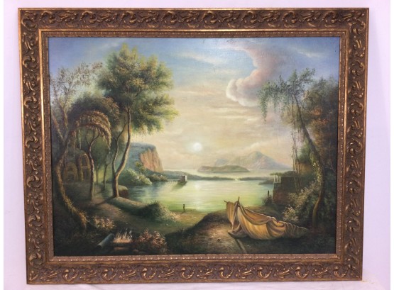 Painting, River Landscape, Twilight Sky, Unsigned