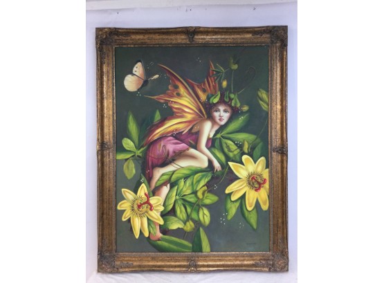 Paint Enhanced Giclee Print, Fairy On Flowers, Gilt Frame