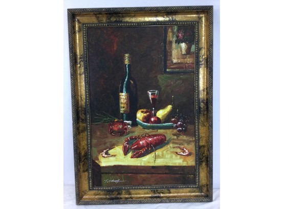 Giclee Painting, Still-life With Lobster And Wine, Signed T. Johnny.