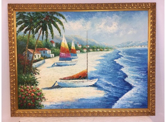 Giclee Print, Hand Painted, Sailboats On Beach, Gilt Framed,