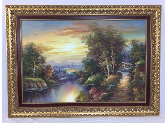 Giclee Painting, Sunset Landscape With Cabin By Lake, Gilt Framed