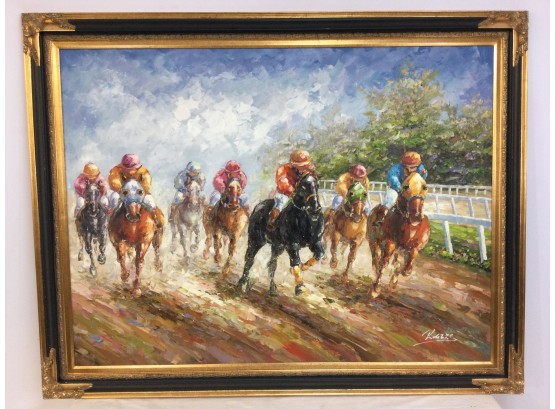Painting, Horse Race, Oil On Canvas, By Rogers, Gilt Framed