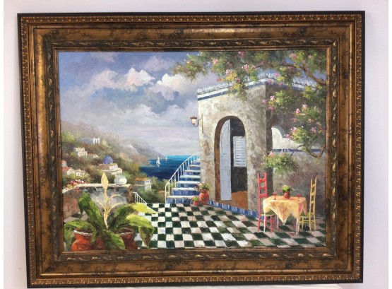 Large Giclee Painting, Mediterranean Scene With Terrace, Signed