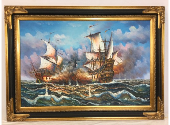 Giclee On Canvas, Battle Ships At Sea, , Signed J. Harvey.