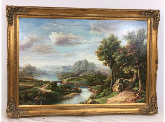 Giclee Painting, Landscape With River, Mountains, Signed Johnson