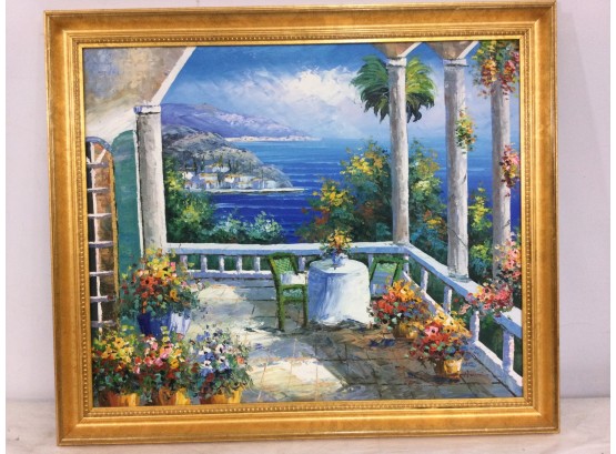Giclee On Canvas, Mediterranean Terrace Scene, Gilt Framed, Signed Austin
