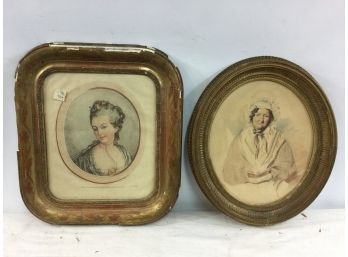 2 Portraits, Print And Watercolor, French, In Gilt Frames