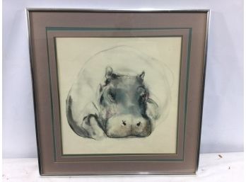 Painting, Watercolor, Hippo, Signed Illegibly