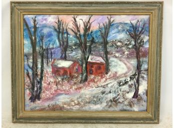 Painting, Houses On Road, Milton Lunin, Peekskill Artist, Oil On Masonite
