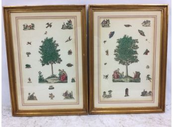 Pair Framed Collages With 19th Century Cut Outs, Trees, Butterflies, Birds