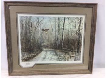 Lithograph, Bird Flying In Birch Woods, By Noel Dunn
