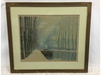 Belgian Canal Scene With Boat, Colored Etching