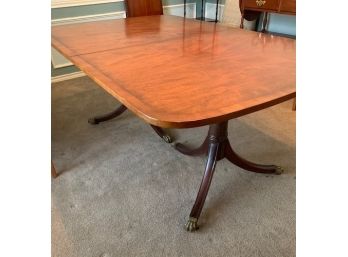 Duncan Phyfe Style Double Pedestal Mahogany Veneer Paw Feet On Casters Dining Table With 2 Leaves