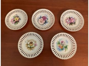 Set Of 5 Made In Japan Wall Hanging Reticulated Plates With Floral Designs: 5.25' Diameter