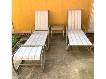 Patio Furniture: Two Chaise Lounge Chairs, Foot Stool, Side Table