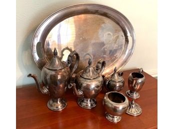 Gorham Silver Plate Tea Set With Tray, Coffee Pot, Tea Pot, Sugar, Creamer, Waste Bowl, And Extra Lid