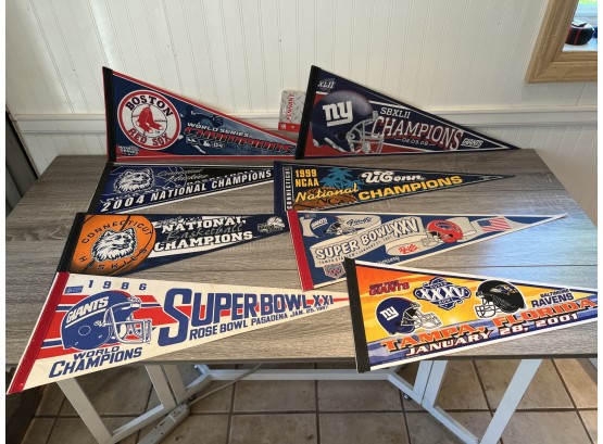 Group Of 8 Pennants From Red Sox, Giants, And UCONN