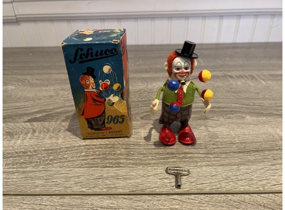 Very Rare Schuco Vintage Tin Toy Wind Up Clown In Original Box