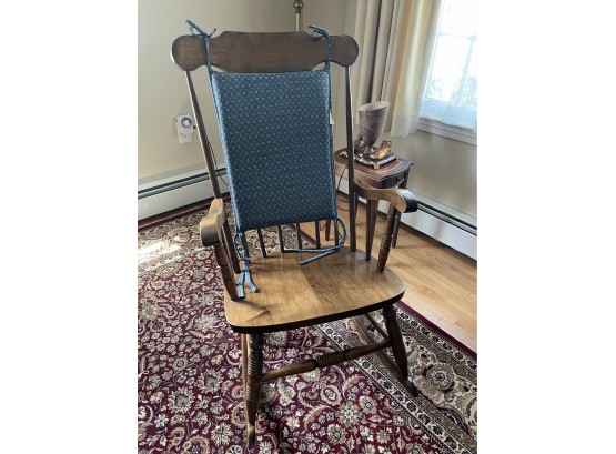 Maple Or Walnut Rocking Chair With Blue Back Pillow