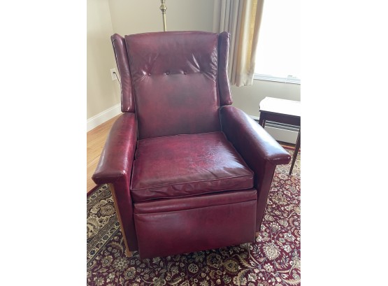 Mid Century Modern Red Vinyl Recliner With Wooden Side Accents