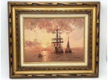 W. Venneramp Ship And Sunset Art On Canvas Framed
