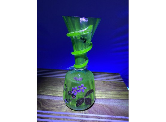 Uranium Glass Vase Green Glass Hand Enameled Flowers