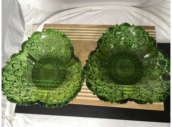 2 Green Cut Glass Serving Dishes