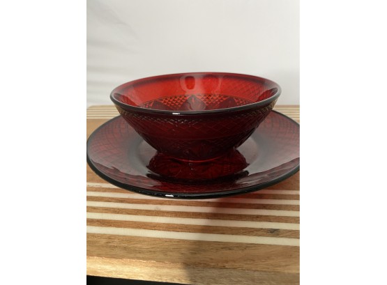 Red Crystal Bowl And Saucer Set