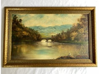 Signed Hunter Landscape Painting Paint Is Crarackling 25x17in