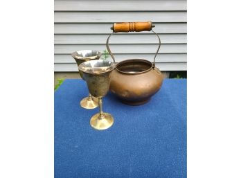 Metal Tea Pot With Wood Handle And 2 Silver Wine Goblets Cups