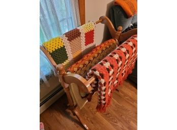 Standing Quilt Afghan Blanket Rack With 3 Crocheted Throw Blankets